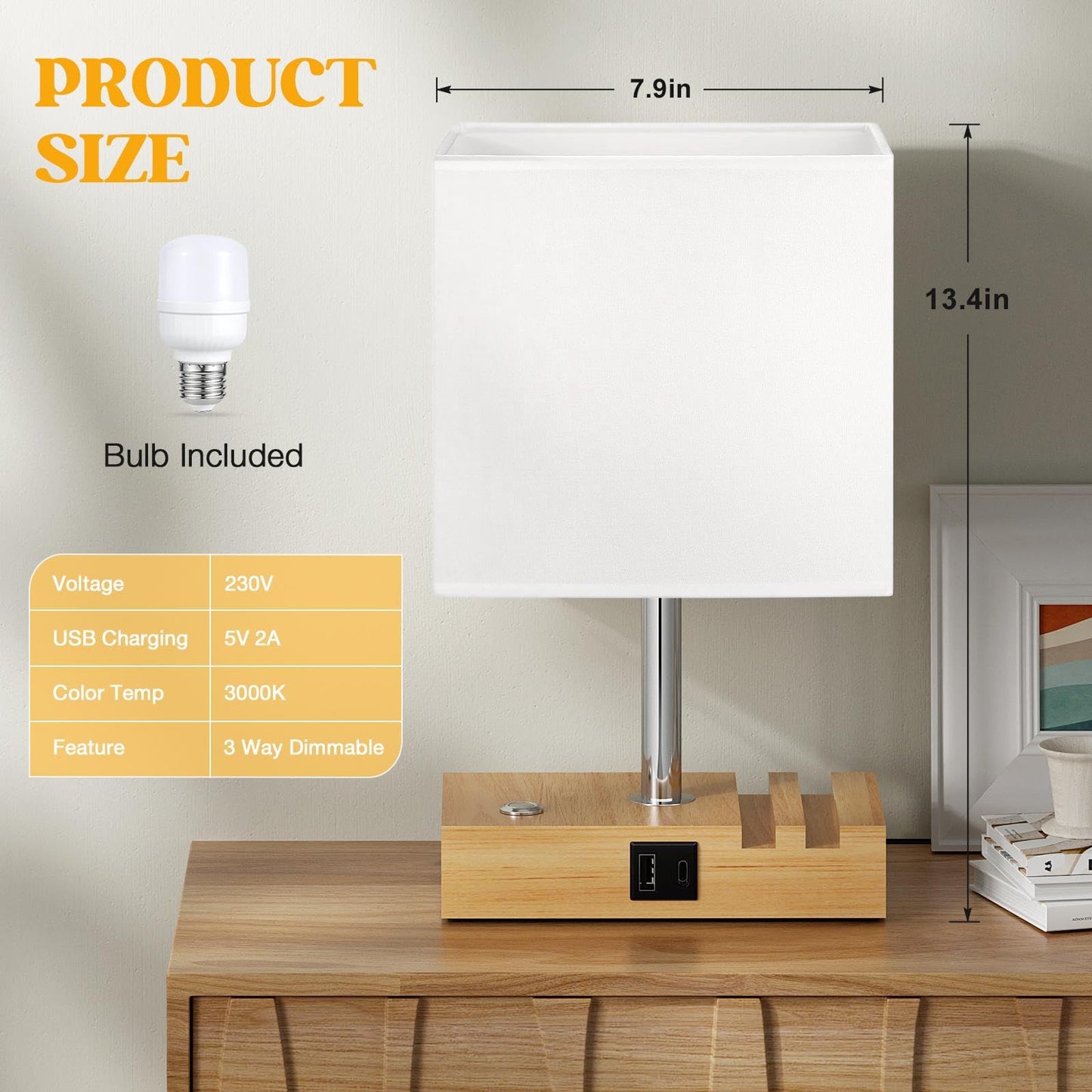Wooden Bedside Table Lamp with USB-A & USB-C Charging Ports, Dimmable Touch Control & Phone Slots