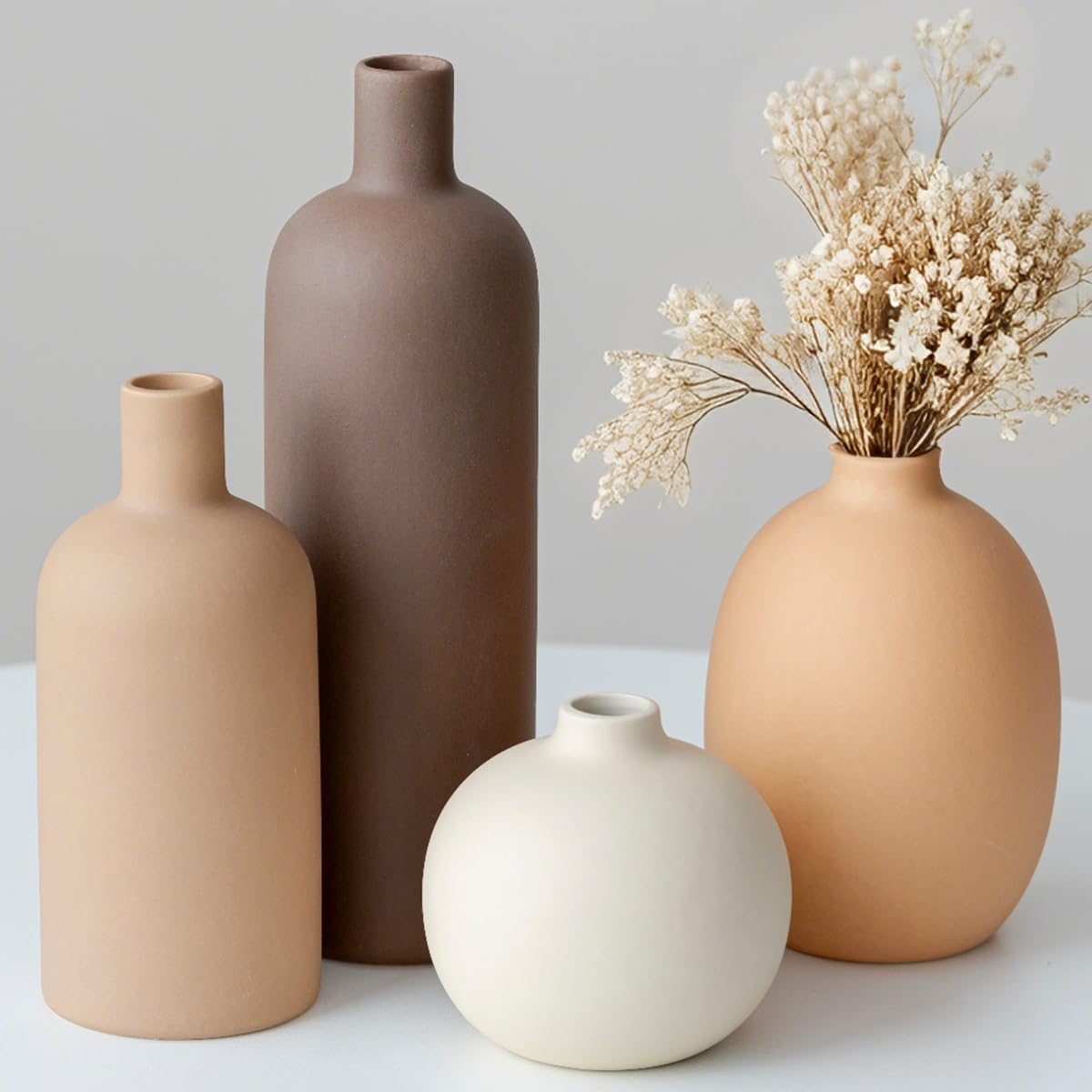 Decorative Ceramic Vase Set – 4-Piece Modern Boho Design for Living Room, Mantel & Entryway