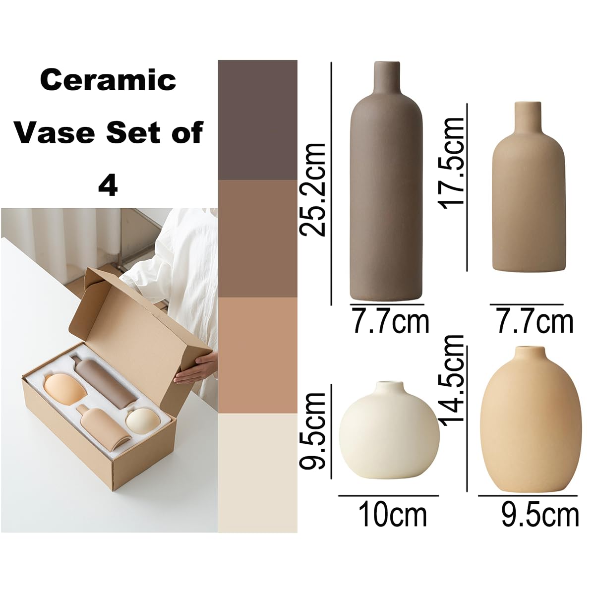Decorative Ceramic Vase Set – 4-Piece Modern Boho Design for Living Room, Mantel & Entryway