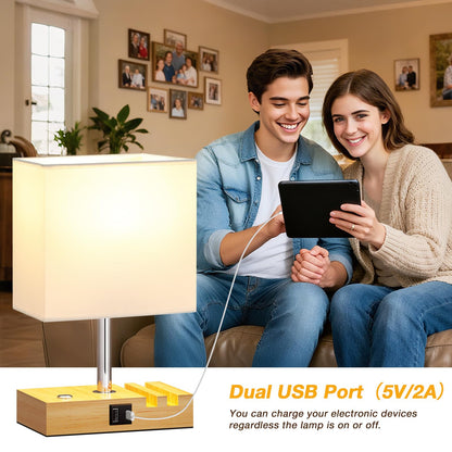 Wooden Bedside Table Lamp with USB-A & USB-C Charging Ports, Dimmable Touch Control & Phone Slots