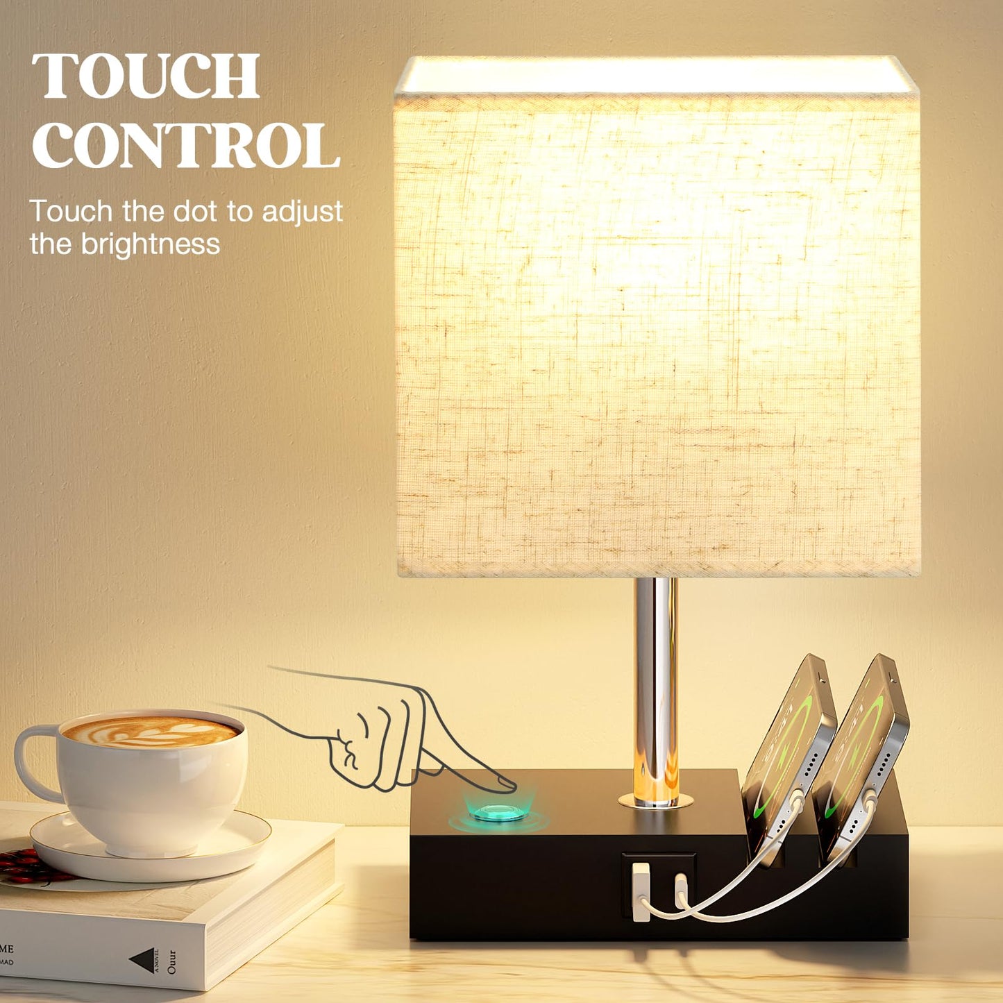 Wooden Bedside Table Lamp with USB-A & USB-C Charging Ports, Dimmable Touch Control & Phone Slots