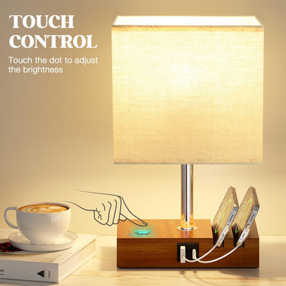 Wooden Bedside Table Lamp with USB-A & USB-C Charging Ports, Dimmable Touch Control & Phone Slots