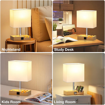 Wooden Bedside Table Lamp with USB-A & USB-C Charging Ports, Dimmable Touch Control & Phone Slots