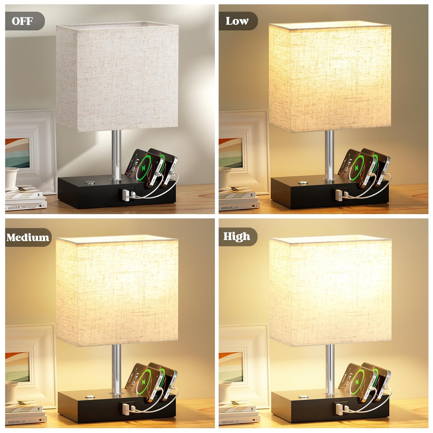 Wooden Bedside Table Lamp with USB-A & USB-C Charging Ports, Dimmable Touch Control & Phone Slots