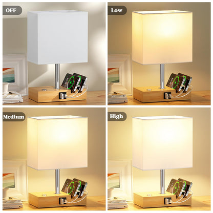 Wooden Bedside Table Lamp with USB-A & USB-C Charging Ports, Dimmable Touch Control & Phone Slots