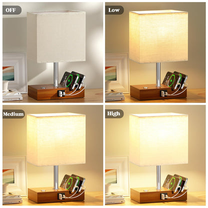 Wooden Bedside Table Lamp with USB-A & USB-C Charging Ports, Dimmable Touch Control & Phone Slots