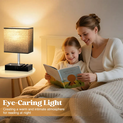 Wooden Bedside Table Lamp with USB-A & USB-C Charging Ports, Dimmable Touch Control & Phone Slots