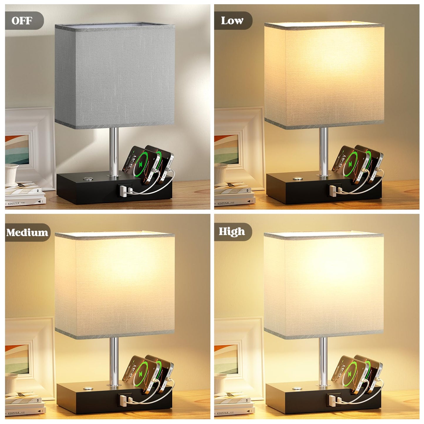 Wooden Bedside Table Lamp with USB-A & USB-C Charging Ports, Dimmable Touch Control & Phone Slots