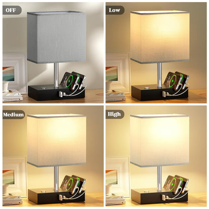 Wooden Bedside Table Lamp with USB-A & USB-C Charging Ports, Dimmable Touch Control & Phone Slots