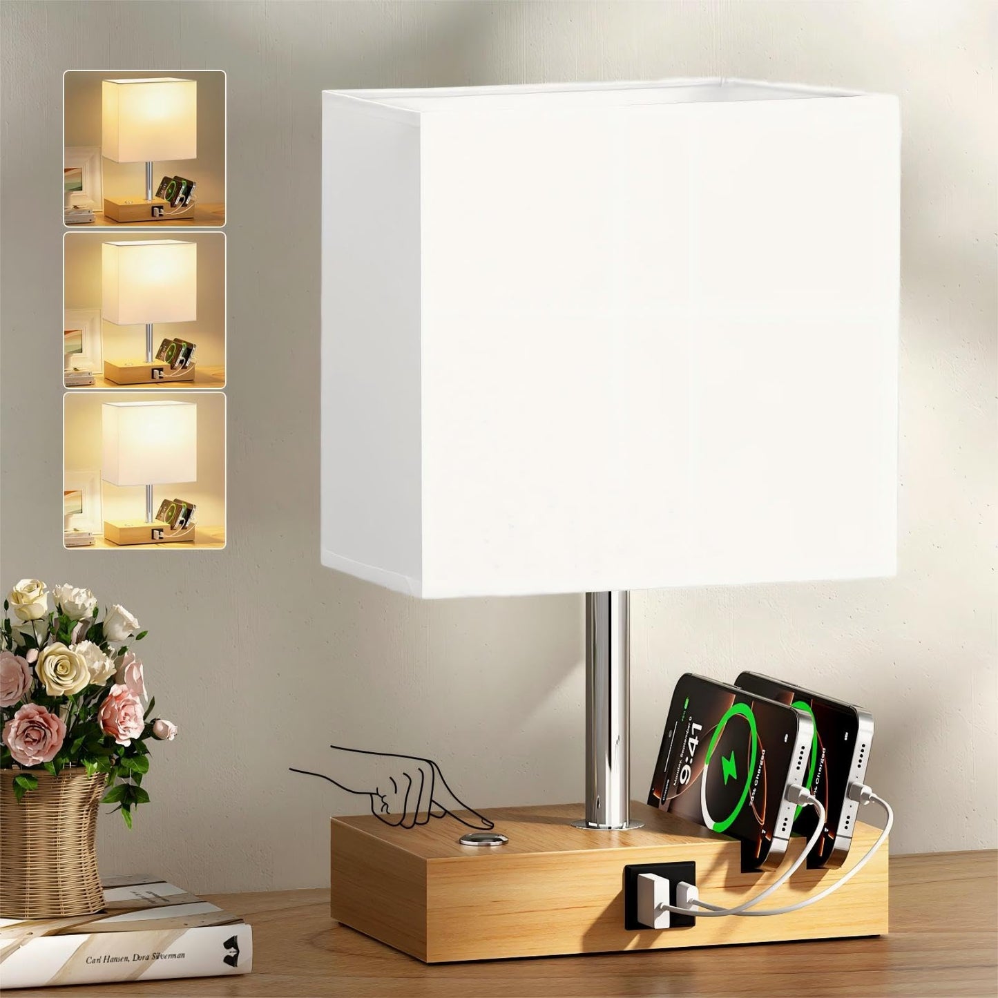 Wooden Bedside Table Lamp with USB-A & USB-C Charging Ports, Dimmable Touch Control & Phone Slots