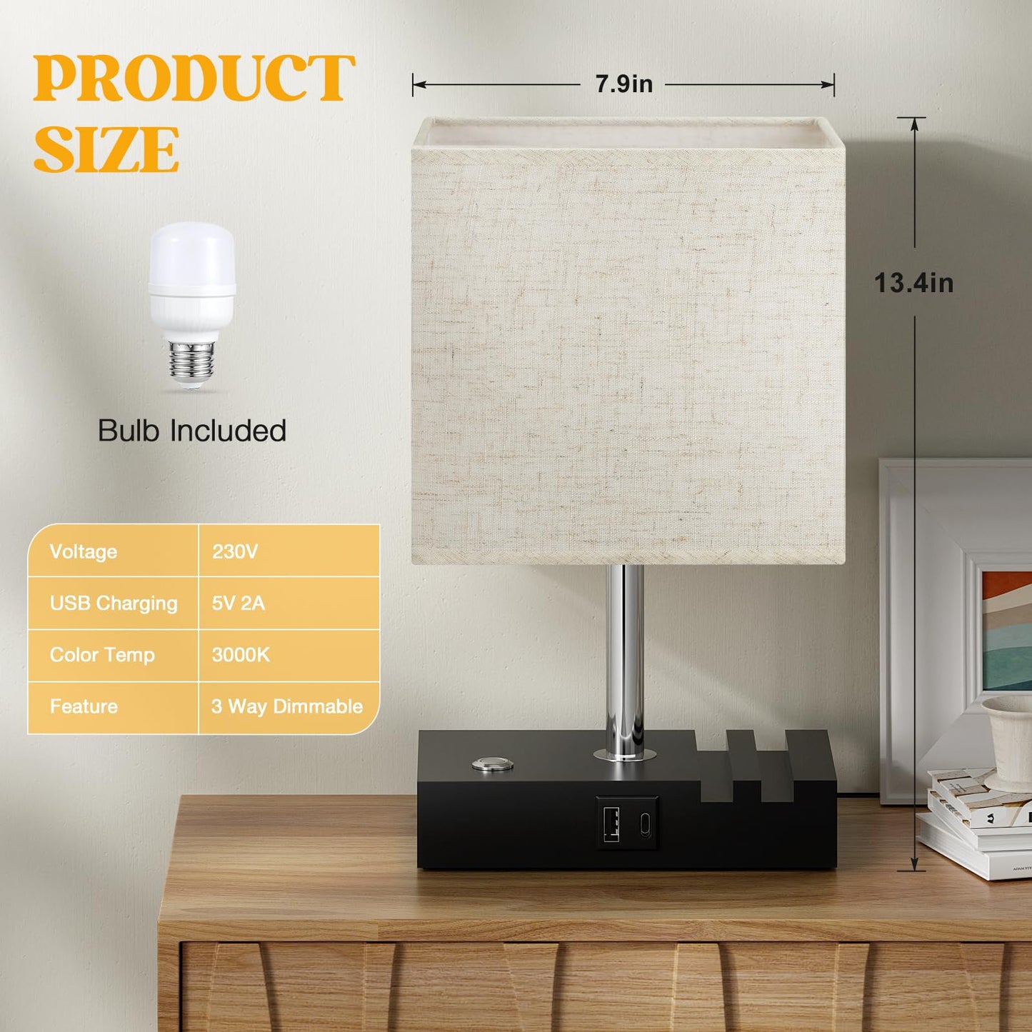 Wooden Bedside Table Lamp with USB-A & USB-C Charging Ports, Dimmable Touch Control & Phone Slots