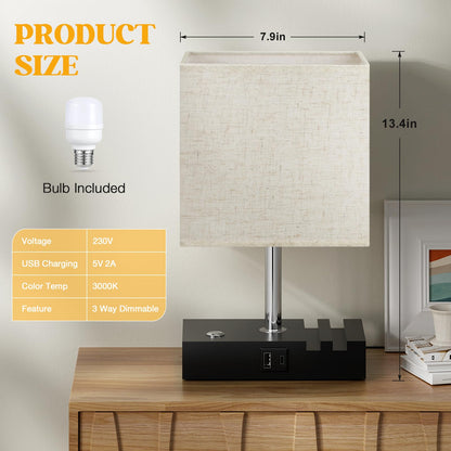Wooden Bedside Table Lamp with USB-A & USB-C Charging Ports, Dimmable Touch Control & Phone Slots