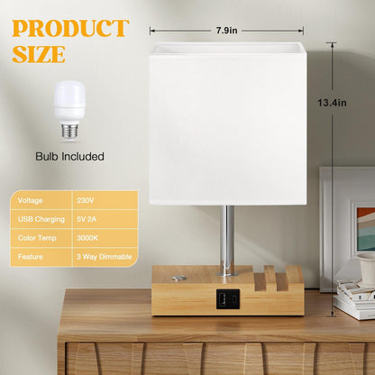 Wooden Bedside Table Lamp with USB-A & USB-C Charging Ports, Dimmable Touch Control & Phone Slots