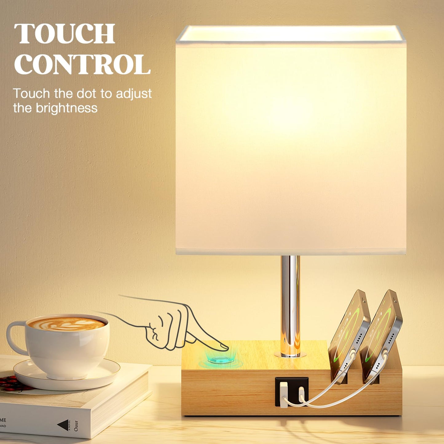 Wooden Bedside Table Lamp with USB-A & USB-C Charging Ports, Dimmable Touch Control & Phone Slots