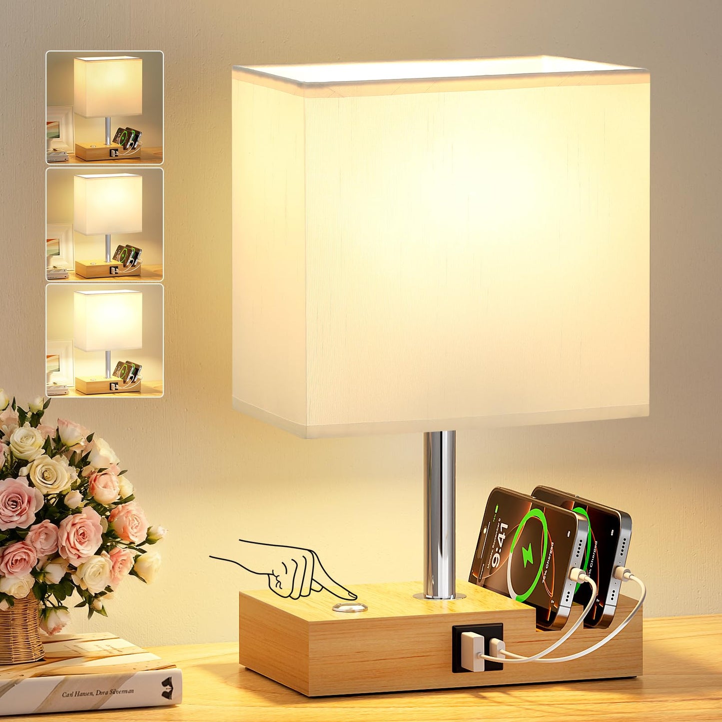 Wooden Bedside Table Lamp with USB-A & USB-C Charging Ports, Dimmable Touch Control & Phone Slots