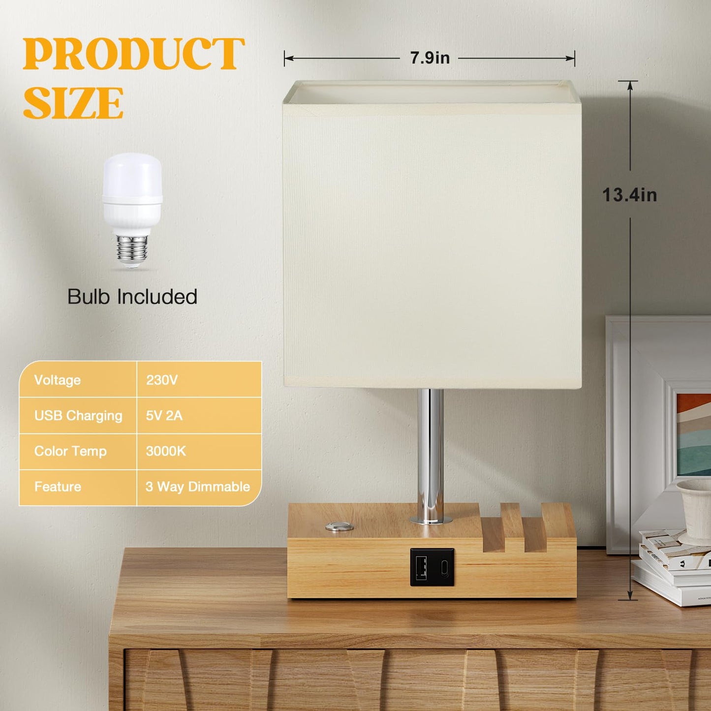 Wooden Bedside Table Lamp with USB-A & USB-C Charging Ports, Dimmable Touch Control & Phone Slots