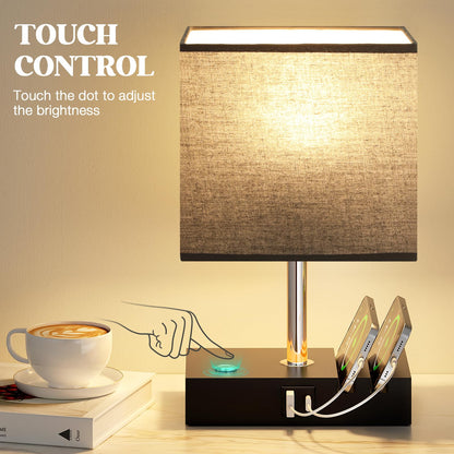 Wooden Bedside Table Lamp with USB-A & USB-C Charging Ports, Dimmable Touch Control & Phone Slots