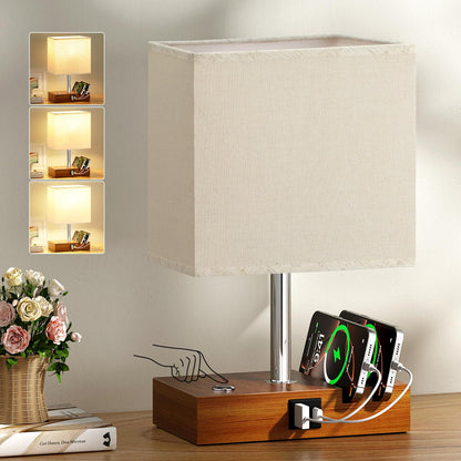 Wooden Bedside Table Lamp with USB-A & USB-C Charging Ports, Dimmable Touch Control & Phone Slots