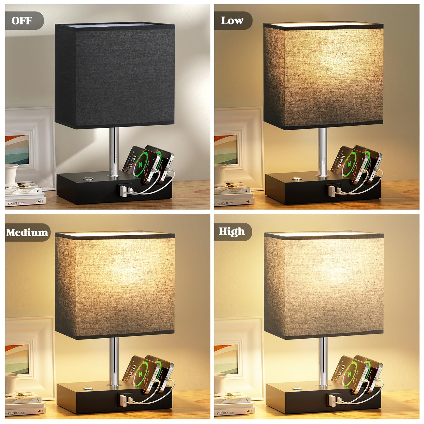 Wooden Bedside Table Lamp with USB-A & USB-C Charging Ports, Dimmable Touch Control & Phone Slots