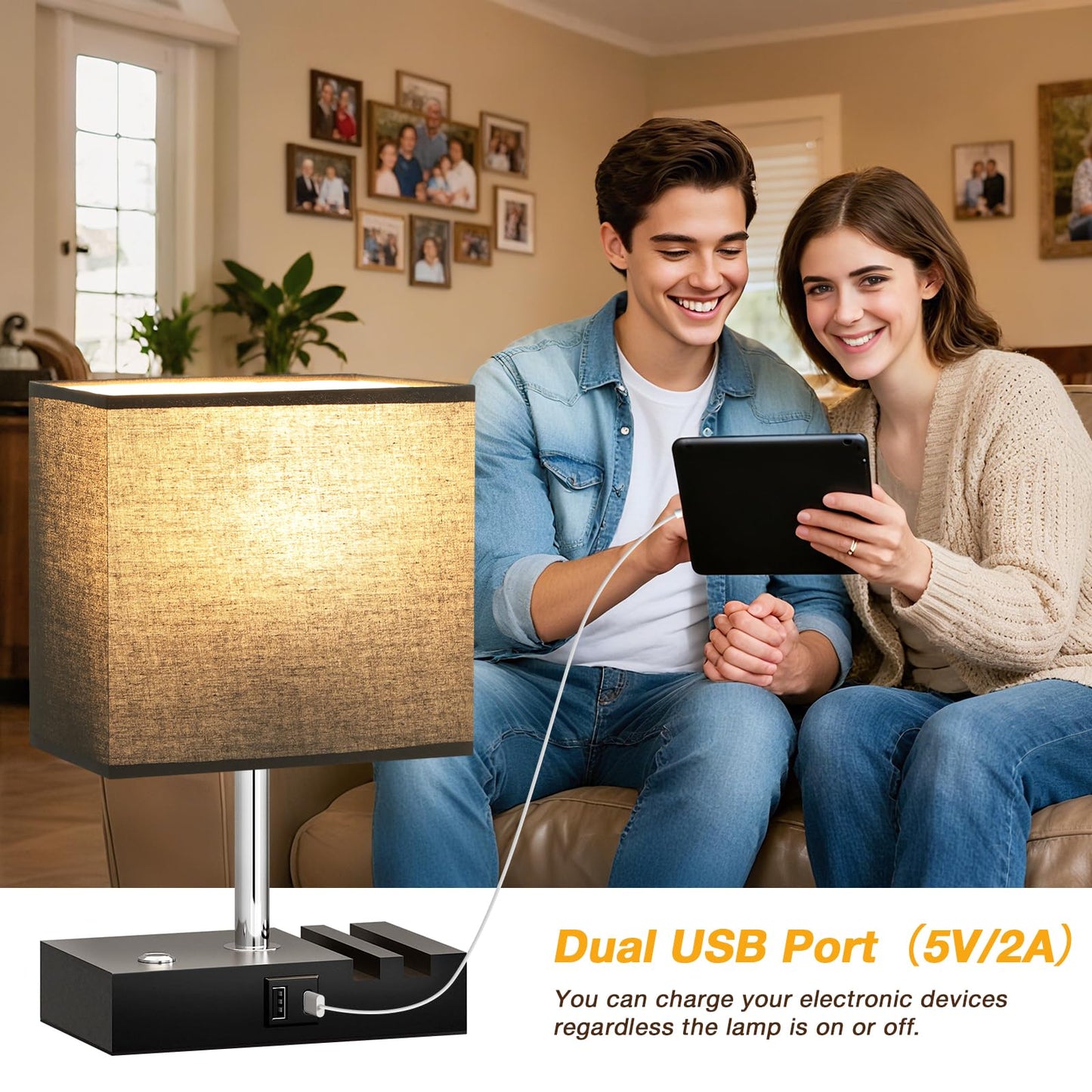 Wooden Bedside Table Lamp with USB-A & USB-C Charging Ports, Dimmable Touch Control & Phone Slots