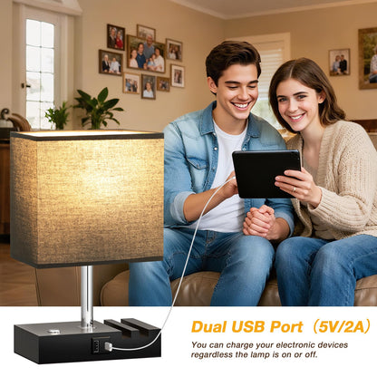 Wooden Bedside Table Lamp with USB-A & USB-C Charging Ports, Dimmable Touch Control & Phone Slots