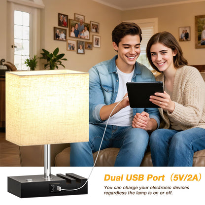 Wooden Bedside Table Lamp with USB-A & USB-C Charging Ports, Dimmable Touch Control & Phone Slots