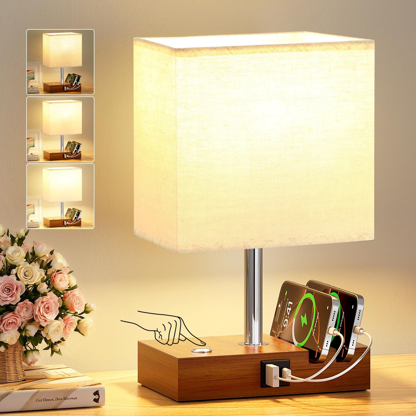 Wooden Bedside Table Lamp with USB-A & USB-C Charging Ports, Dimmable Touch Control & Phone Slots