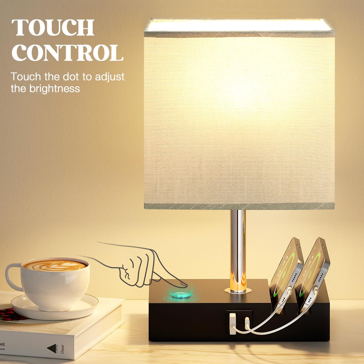 Wooden Bedside Table Lamp with USB-A & USB-C Charging Ports, Dimmable Touch Control & Phone Slots