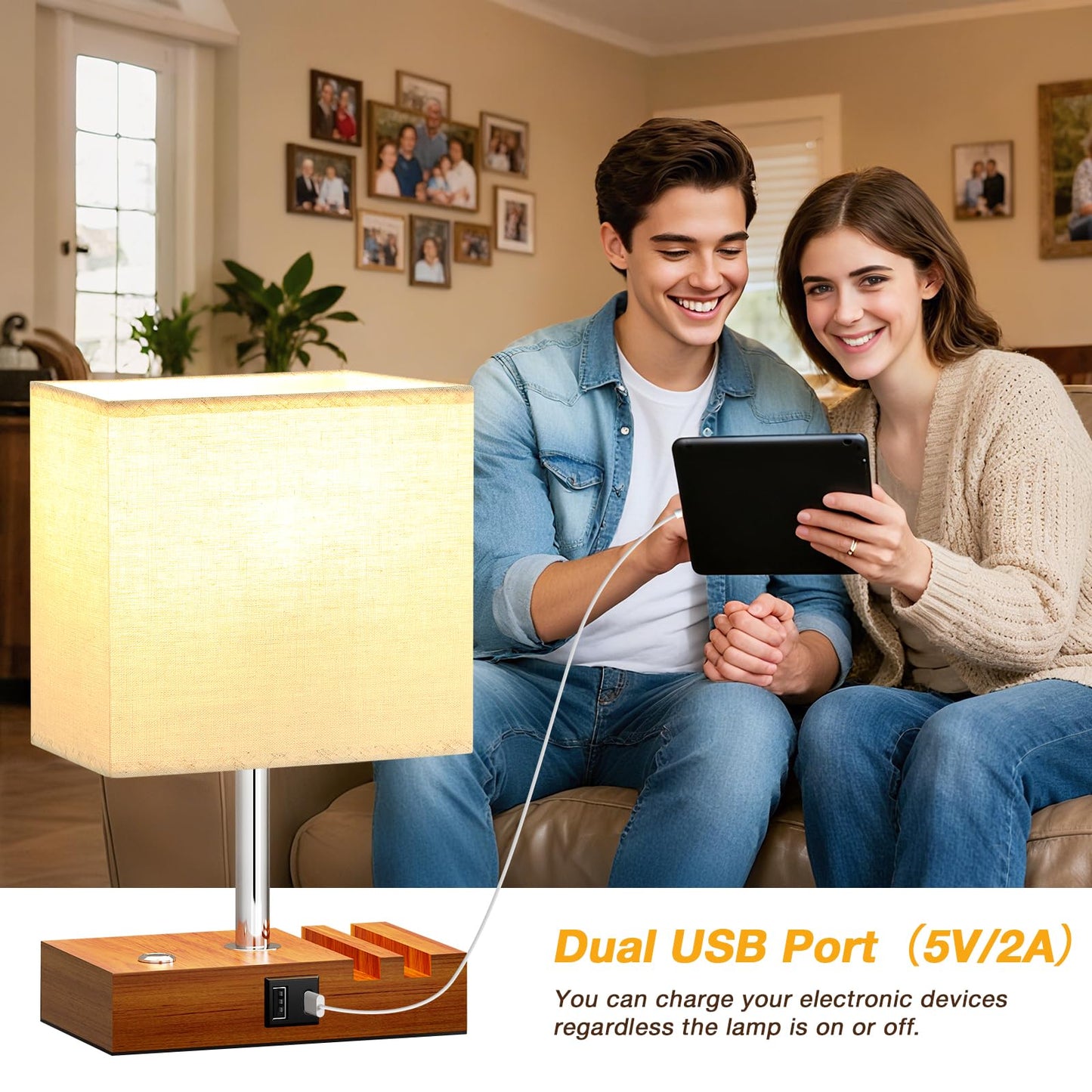 Wooden Bedside Table Lamp with USB-A & USB-C Charging Ports, Dimmable Touch Control & Phone Slots