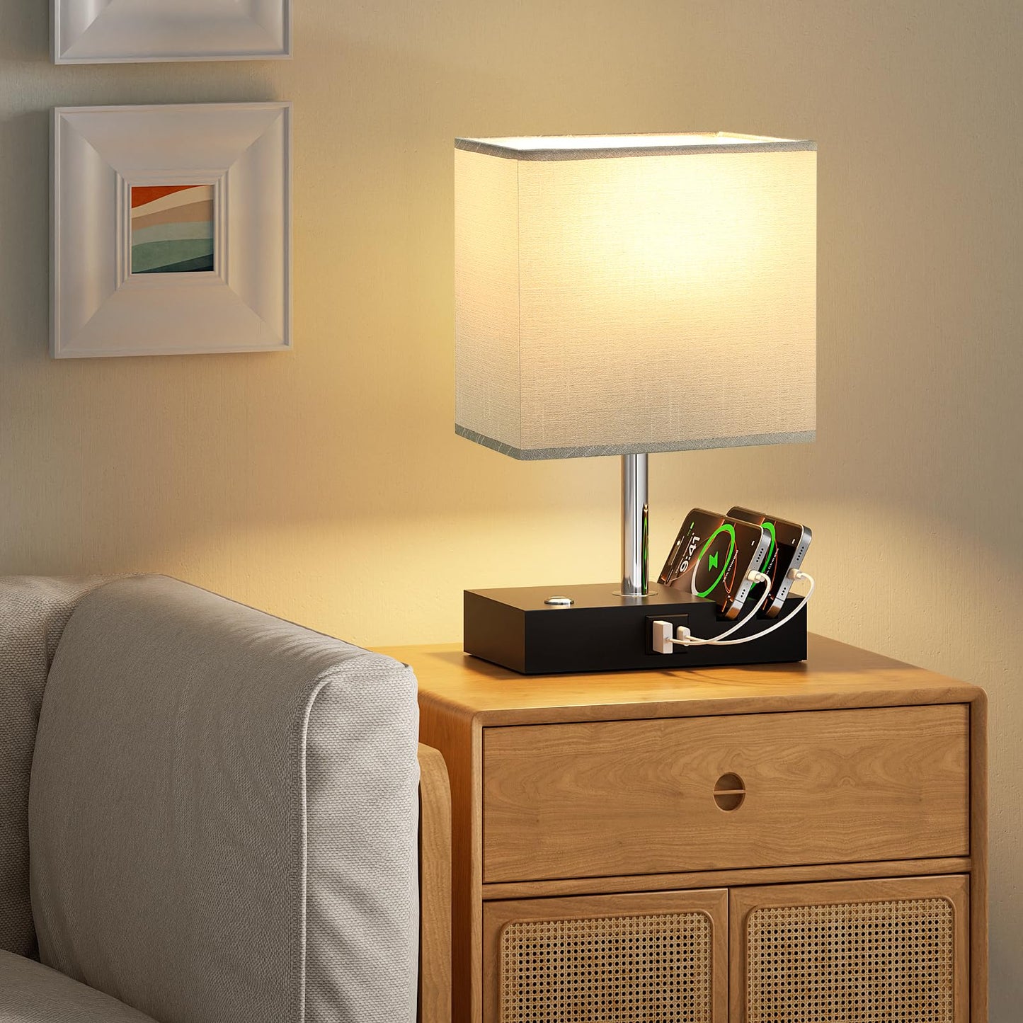 Wooden Bedside Table Lamp with USB-A & USB-C Charging Ports, Dimmable Touch Control & Phone Slots