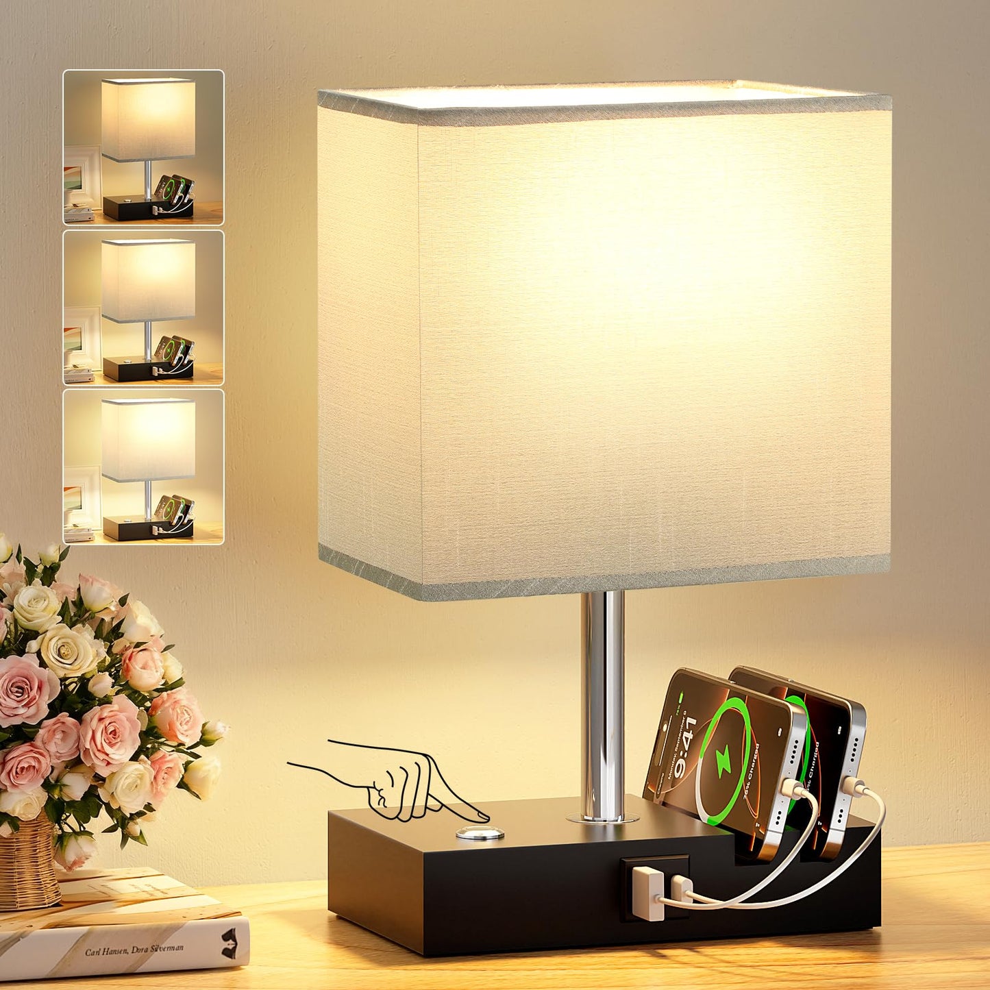 Wooden Bedside Table Lamp with USB-A & USB-C Charging Ports, Dimmable Touch Control & Phone Slots