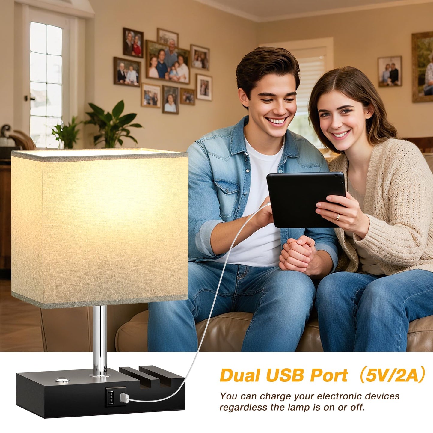 Wooden Bedside Table Lamp with USB-A & USB-C Charging Ports, Dimmable Touch Control & Phone Slots