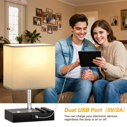Wooden Bedside Table Lamp with USB-A & USB-C Charging Ports, Dimmable Touch Control & Phone Slots