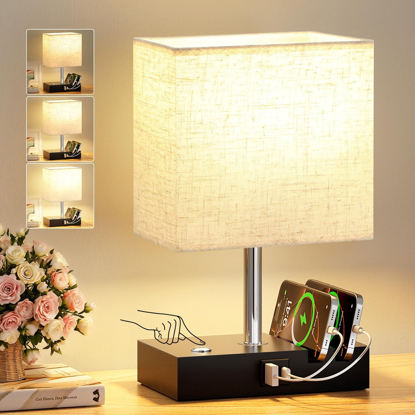 Wooden Bedside Table Lamp with USB-A & USB-C Charging Ports, Dimmable Touch Control & Phone Slots