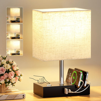 Wooden Bedside Table Lamp with USB-A & USB-C Charging Ports, Dimmable Touch Control & Phone Slots