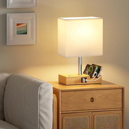Wooden Bedside Table Lamp with USB-A & USB-C Charging Ports, Dimmable Touch Control & Phone Slots
