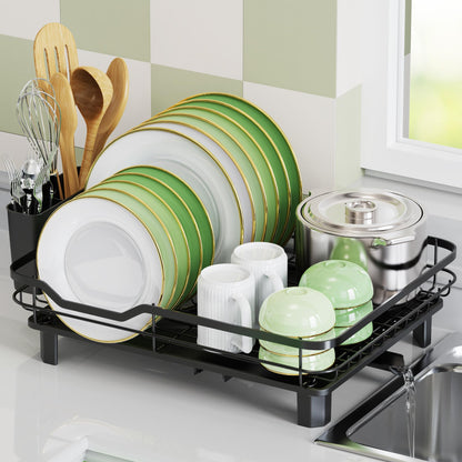Dish Drainer Rack with Drainage Spout – Space-Saving Kitchen Drying Rack with Utensil & Cup Holders (Black)