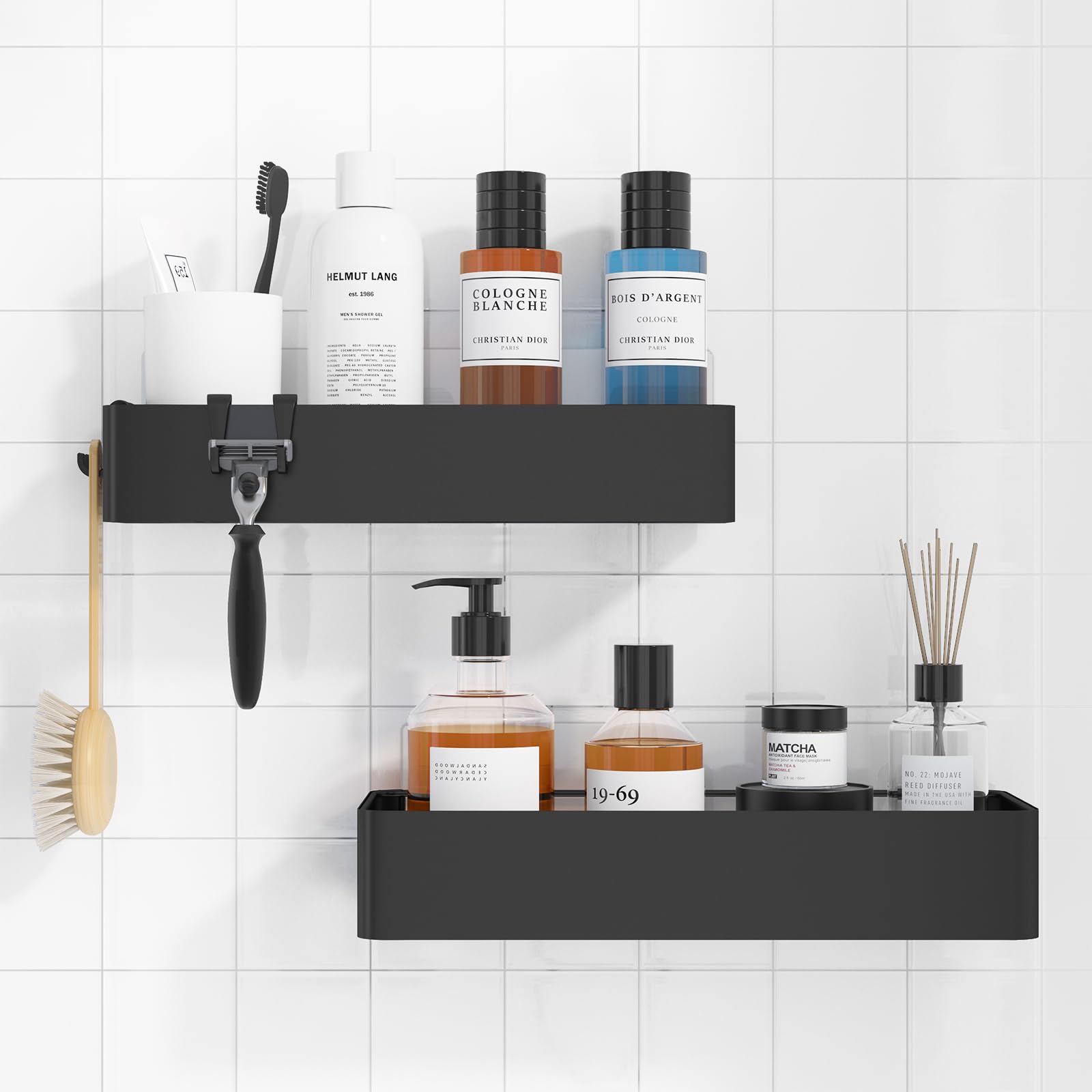 Shower Caddy 2 Pack – Rustproof Wall Mounted Bathroom Shelves with Hooks (Black)