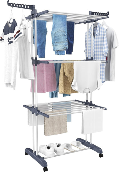 4-Tier Clothes Drying Rack – Foldable Stainless Steel Airer with Wheels for Indoor & Outdoor Use
