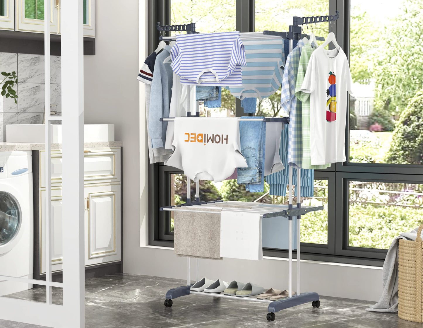 4-Tier Clothes Drying Rack – Foldable Stainless Steel Airer with Wheels for Indoor & Outdoor Use