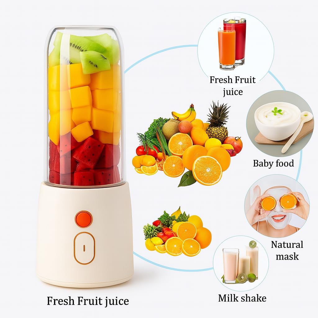 Portable Mini Juice Blender 450ml – Rechargeable Smoothie Maker with 6 Blades & Travel Cup (White)