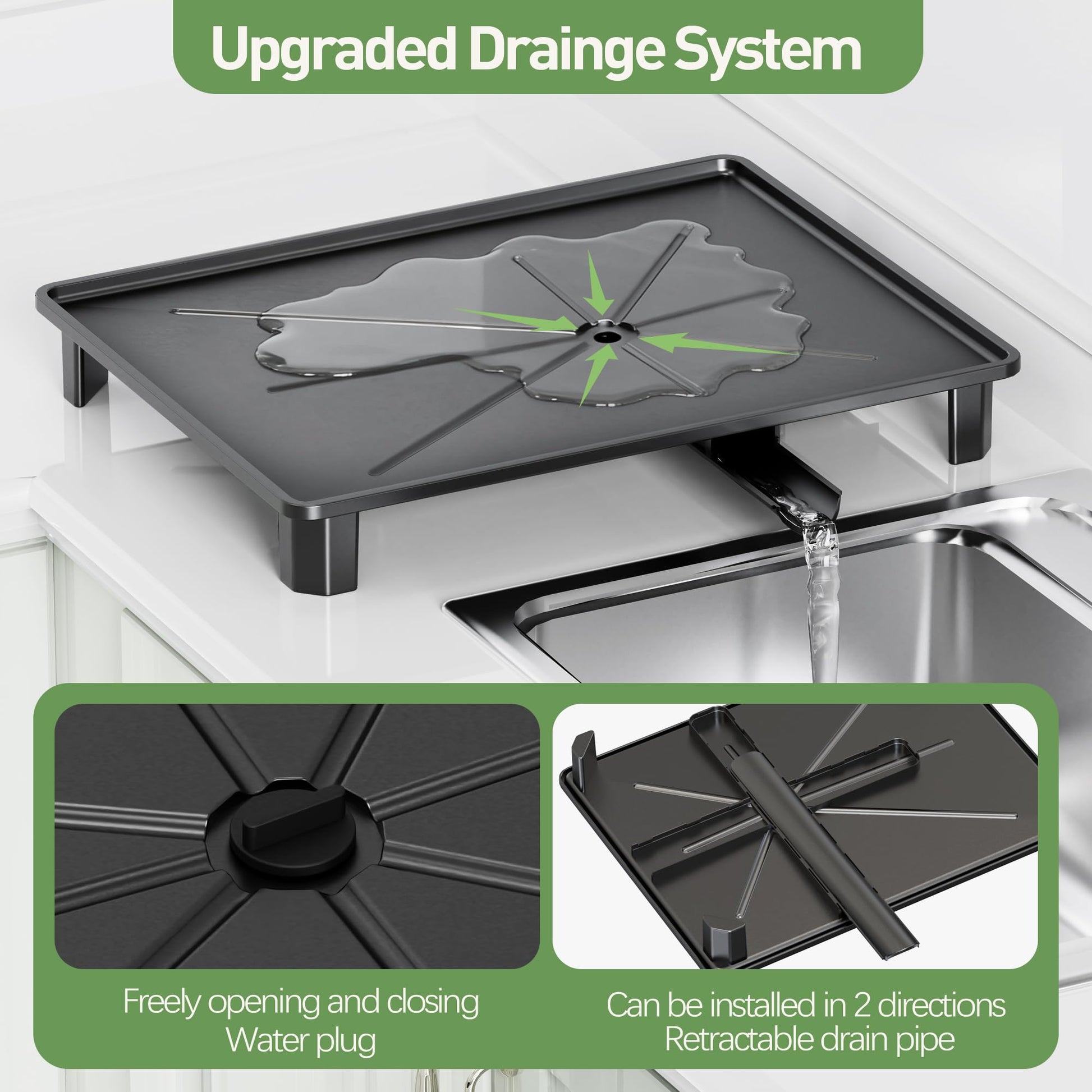 Dish Drainer Rack with Drainage Spout – Space-Saving Kitchen Drying Rack with Utensil & Cup Holders (Black)