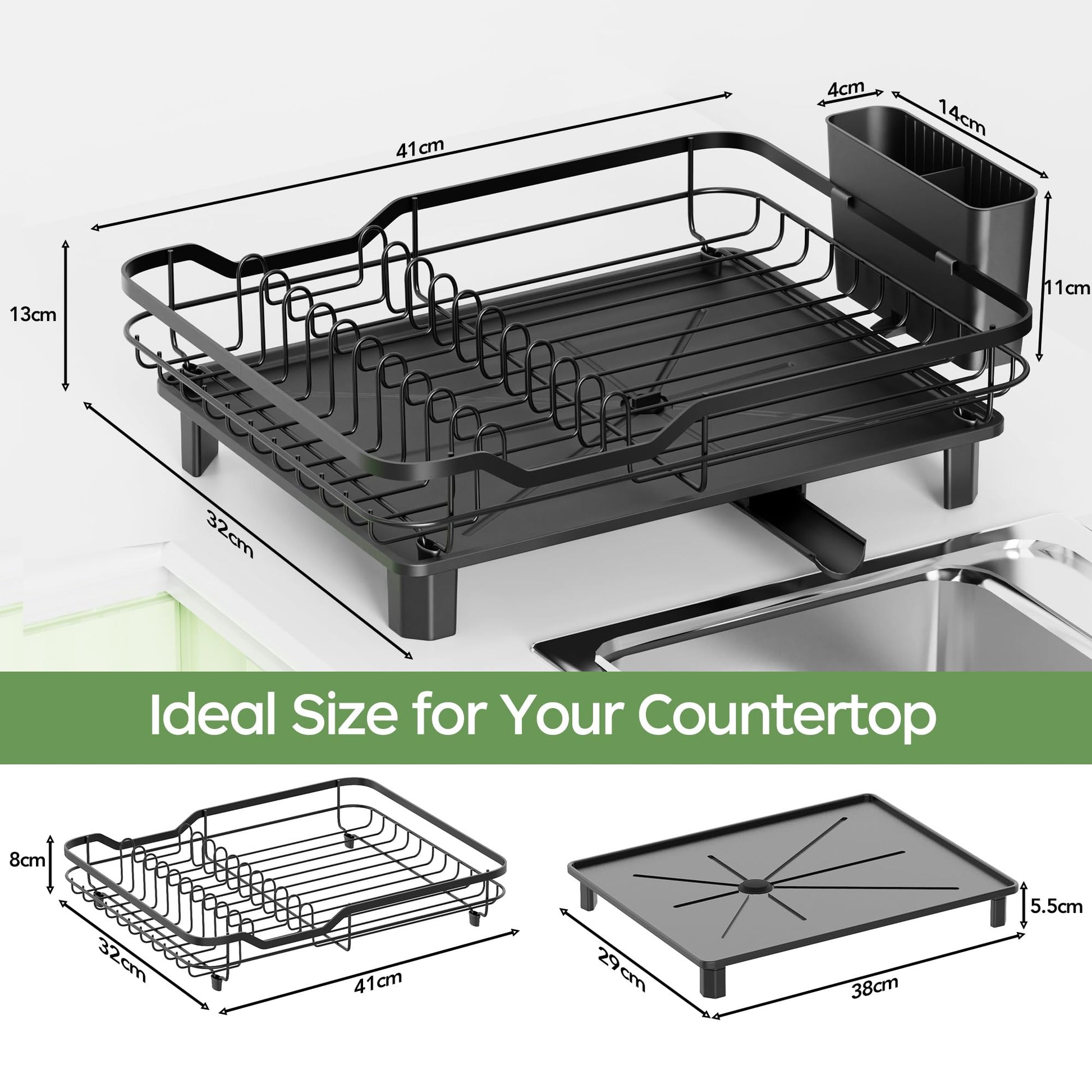 Dish Drainer Rack with Drainage Spout – Space-Saving Kitchen Drying Rack with Utensil & Cup Holders (Black)