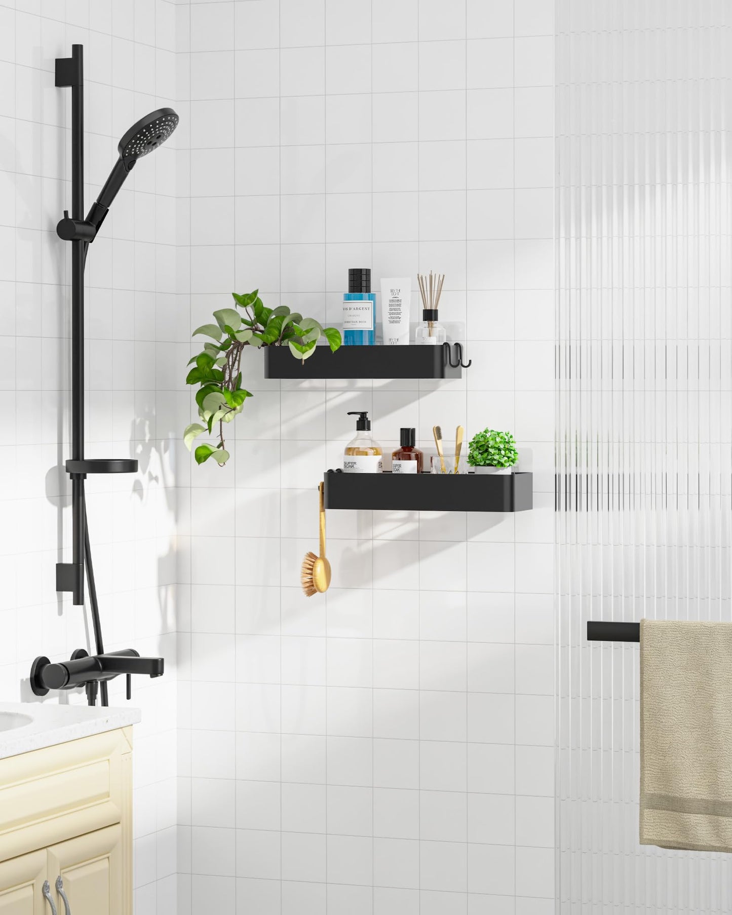 Shower Caddy 2 Pack – Rustproof Wall Mounted Bathroom Shelves with Hooks (Black)