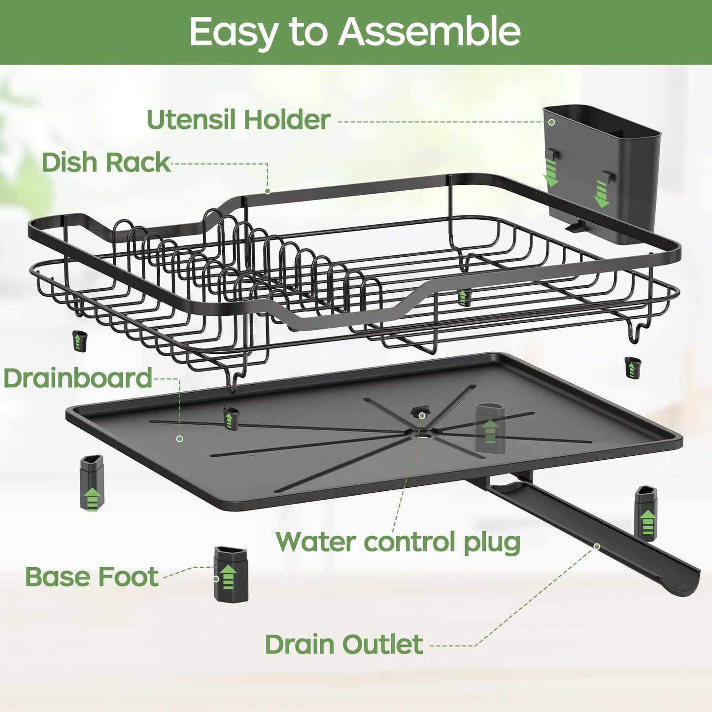 Dish Drainer Rack with Drainage Spout – Space-Saving Kitchen Drying Rack with Utensil & Cup Holders (Black)