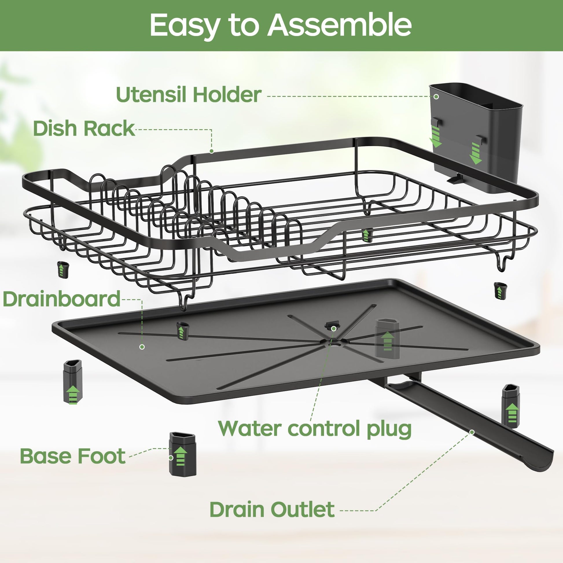 Dish Drainer Rack with Drainage Spout – Space-Saving Kitchen Drying Rack with Utensil & Cup Holders (Black)