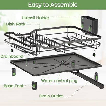 Dish Drainer Rack with Drainage Spout – Space-Saving Kitchen Drying Rack with Utensil & Cup Holders (Black)