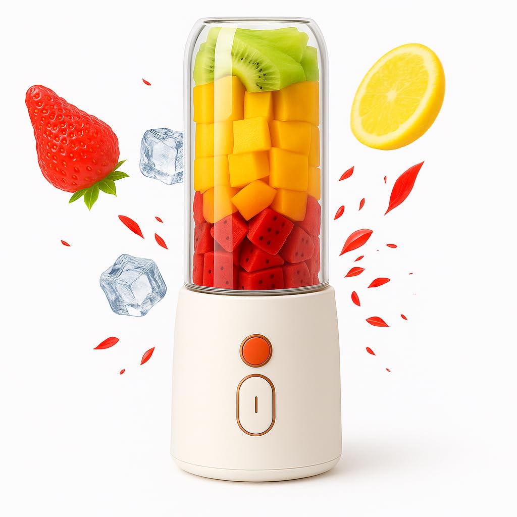 Portable Mini Juice Blender 450ml – Rechargeable Smoothie Maker with 6 Blades & Travel Cup (White)