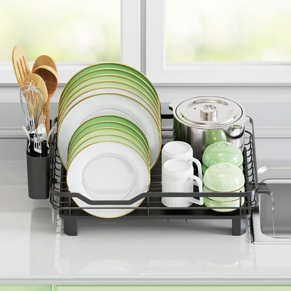 Dish Drainer Rack with Drainage Spout – Space-Saving Kitchen Drying Rack with Utensil & Cup Holders (Black)