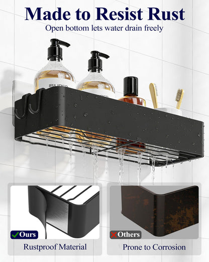 Shower Caddy 2 Pack – Rustproof Wall Mounted Bathroom Shelves with Hooks (Black)